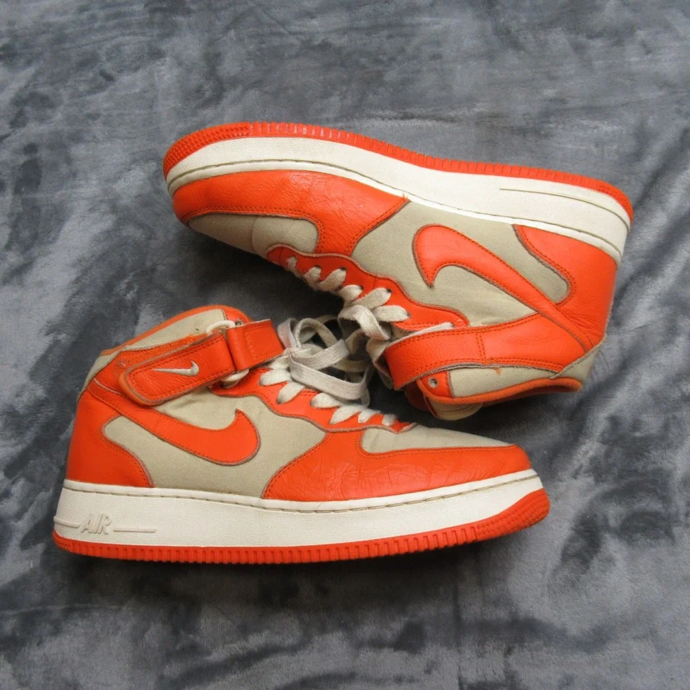 Nike Sneakers Mens US 9 Safety Orange Leather Air Force 1 07' Mid‎ High Lace Up